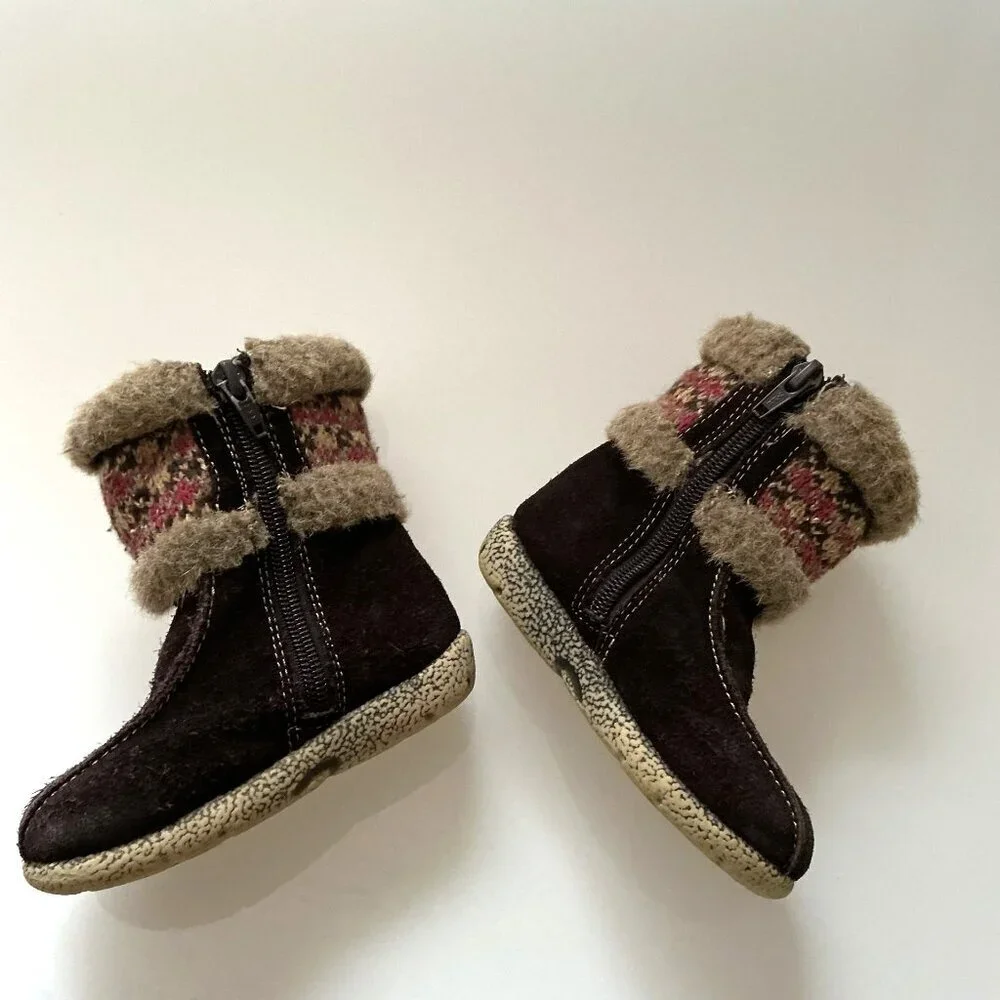 Cherokee Toddler Girls Winter Boots Size 6 Brown Suede Fair Isle Pom -Pom